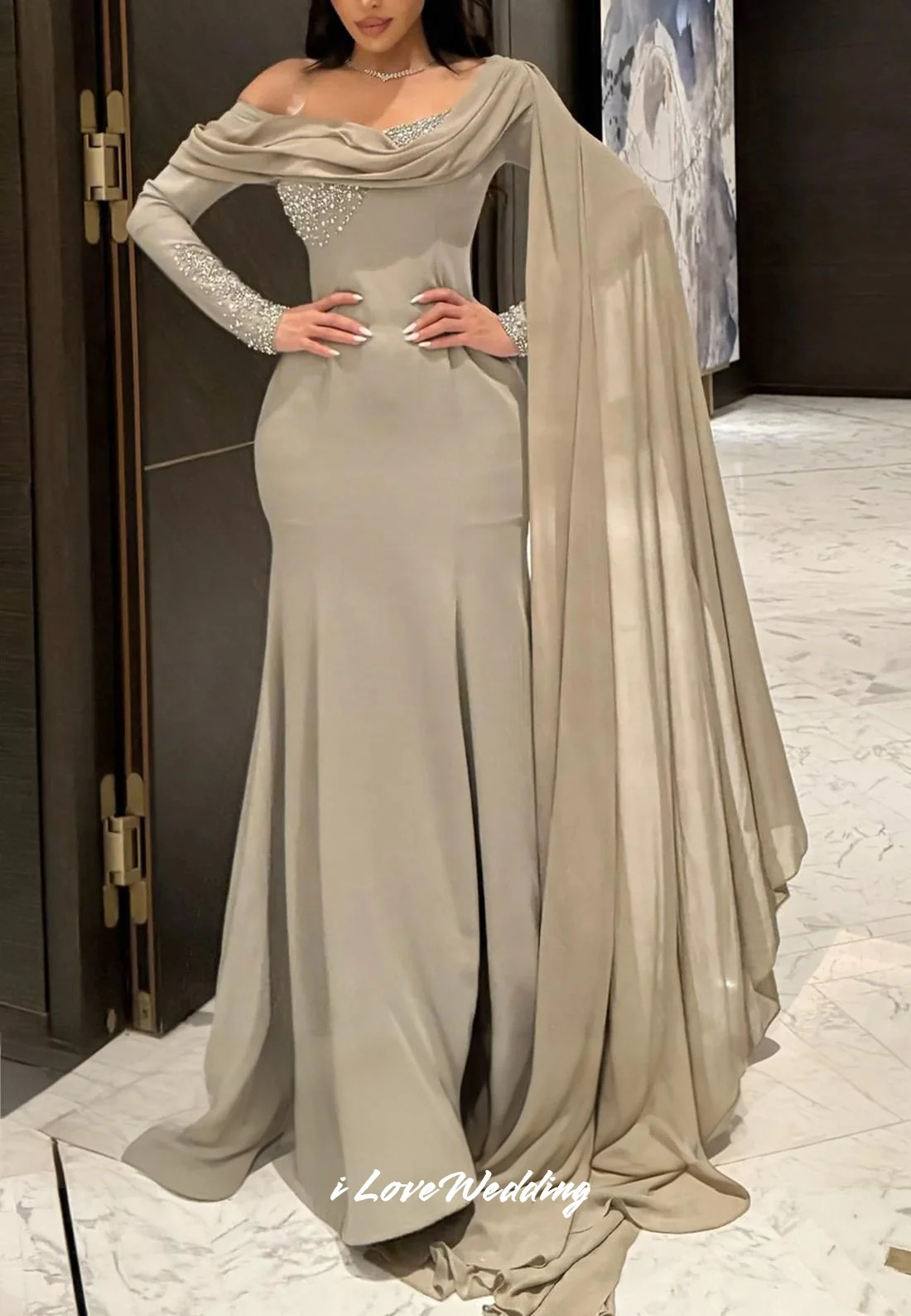 

Women's Long Sleeve Evening Dresses 2025 Off Shoulder Crystal Mermaid Floor-Length Sweep Train Pleated Party Dresses Customized