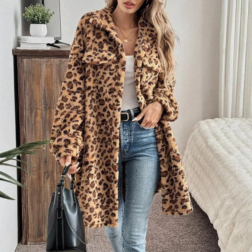 Leopard Print Plush Coat Ladies Shirt Collar Button Up Long Sleeve Soft Pocket Mid Length Loose Warm Casual Outerwear Trendy New