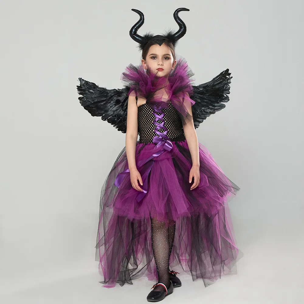 Mädchen Dark Angel Böse Königin Kostüm-Set Lila-Schwarzes Tüllkleid Mit Federflügeln Horn-Stirnband Für Halloween Karneval – Detail 3