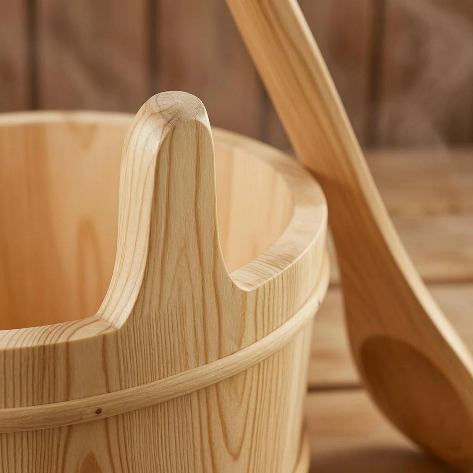 Wooden Sauna Pail Round Sauna Pail and Ladle Wooden Ladle Set Vertical Staves Bath Accessory Horizontal Bands