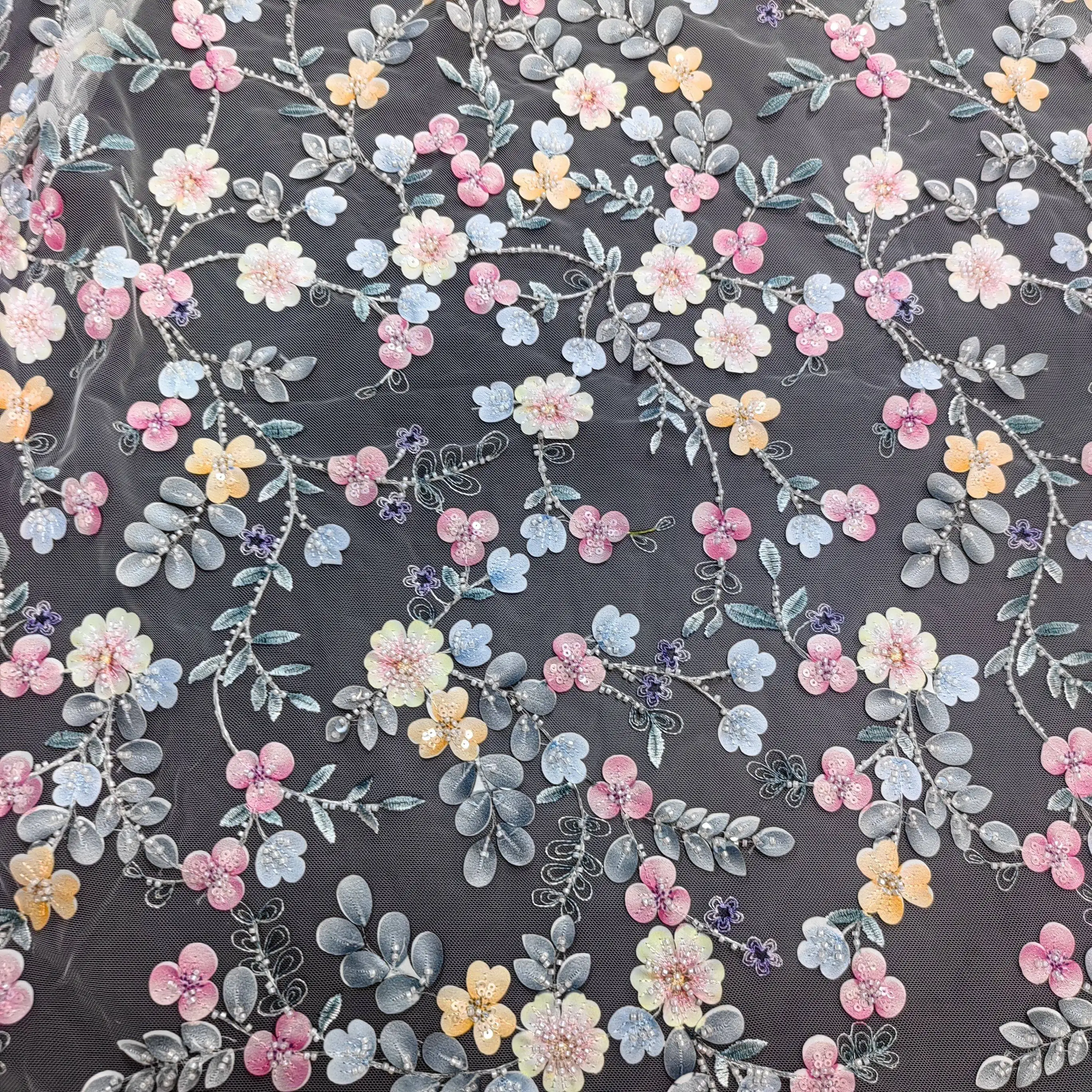 

Embroidered Floral Tulle with Beaded Sequins Rhinestones Handcrafted Lace Fabric for Bridal Kids' Wear DIY Curtain Decoration