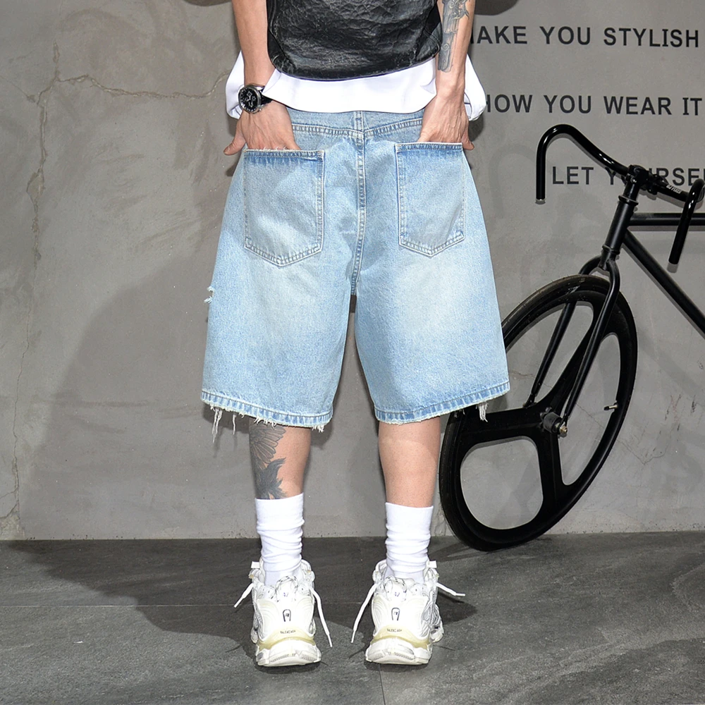 الصيف الشارع الشهير ممزق الدينيم السراويل الرجال غسلها 5 بوصة فضفاضة تناسب مستقيم الساق الهيب هوب الجينز الذكور الكورية قسط جودة العصرية