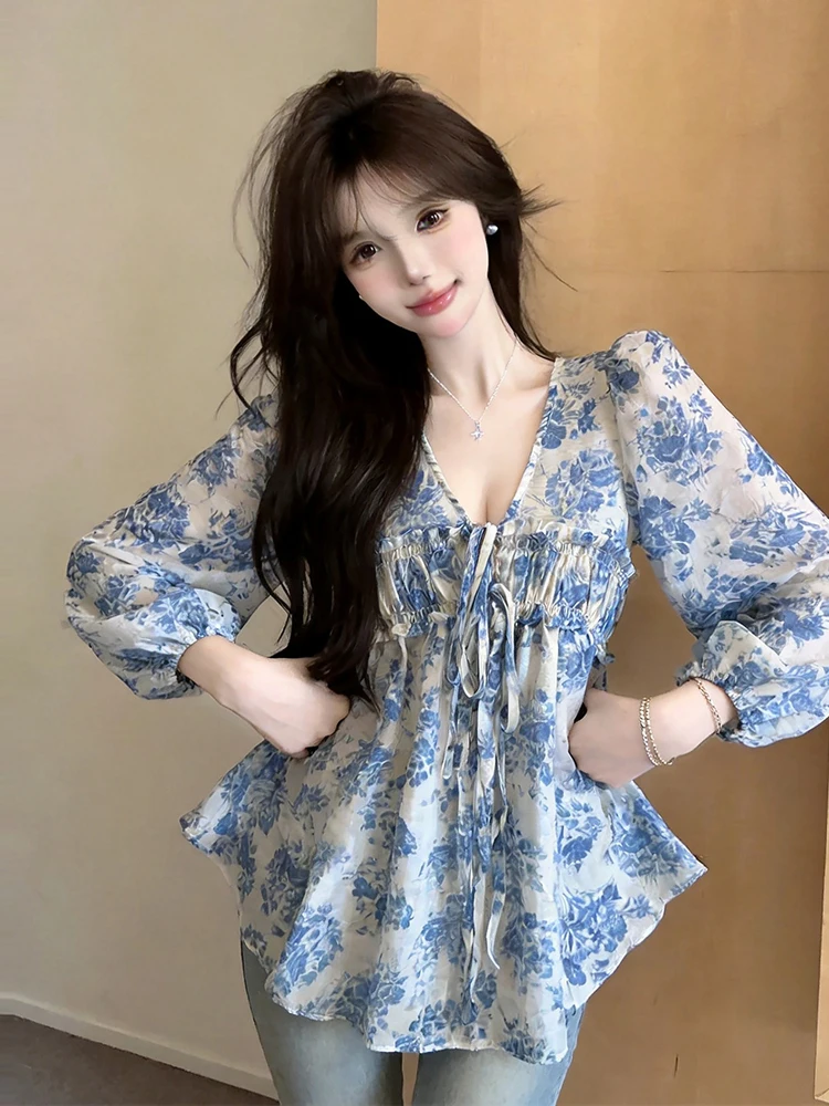 Elegant Blue And White Porcelain V-Neck Long Sleeve Shirt Bow Tie Versatile Slimming Design Cotton Polyester Blend Women's Top