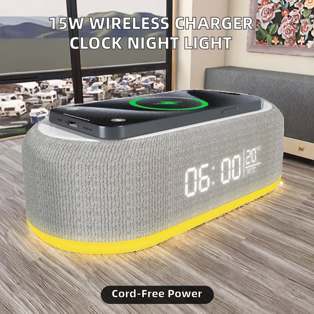 5pcs 15W Fast Charging LED Night Light Temperature Time Alarm Clock Desk Multifunction Wireless Charger for Mobile Phone