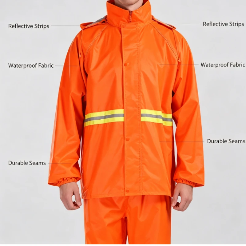 High Visibility Orange Rain Suit With Reflective Stripes For Road Maintenance And Sanitation Worker Safety Protection