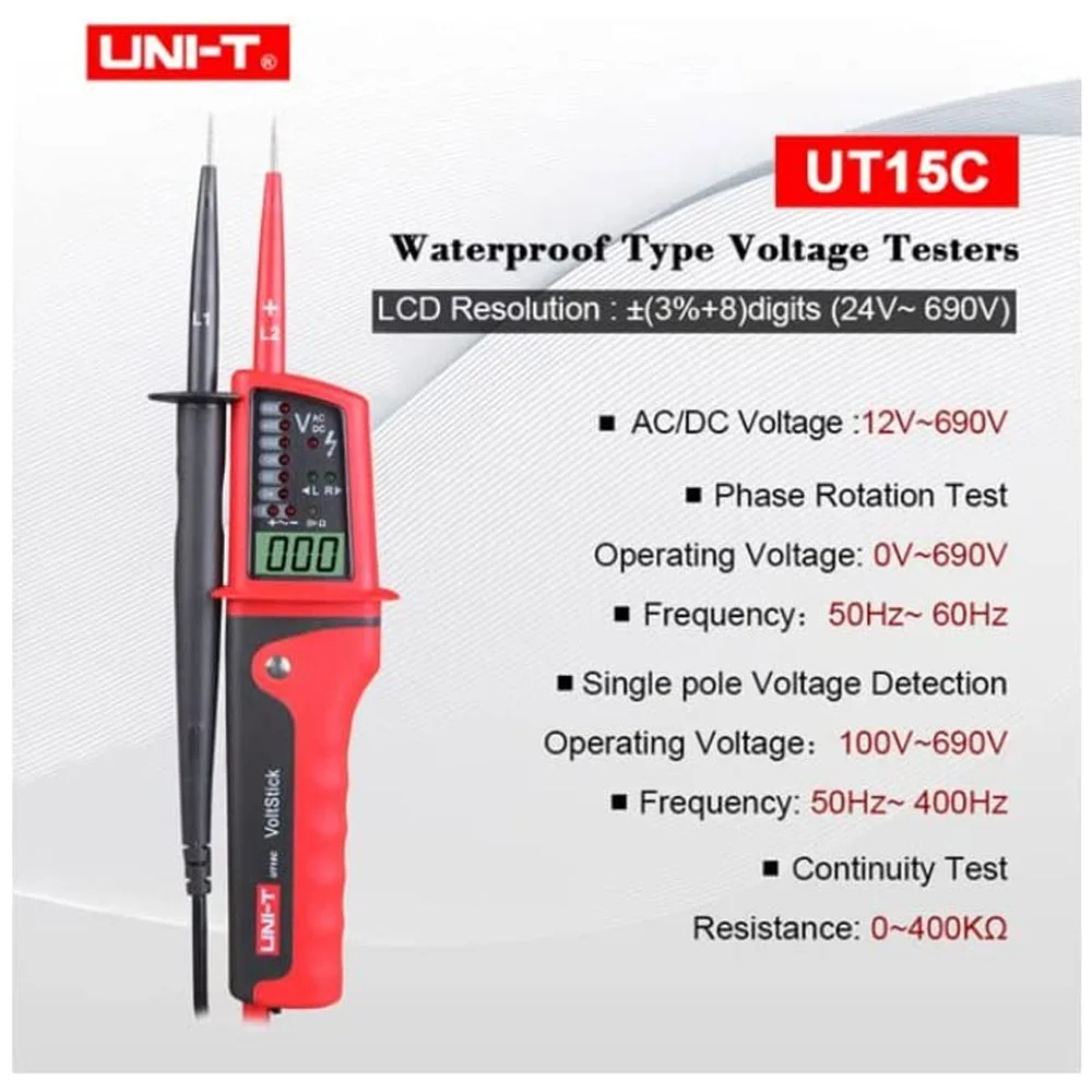 

UNI-T UT15C Waterproof Voltage Tester Pen AC DC 12V-690V LCD Display Phase Rotation Detector IP65 Continuity Electrician Tool