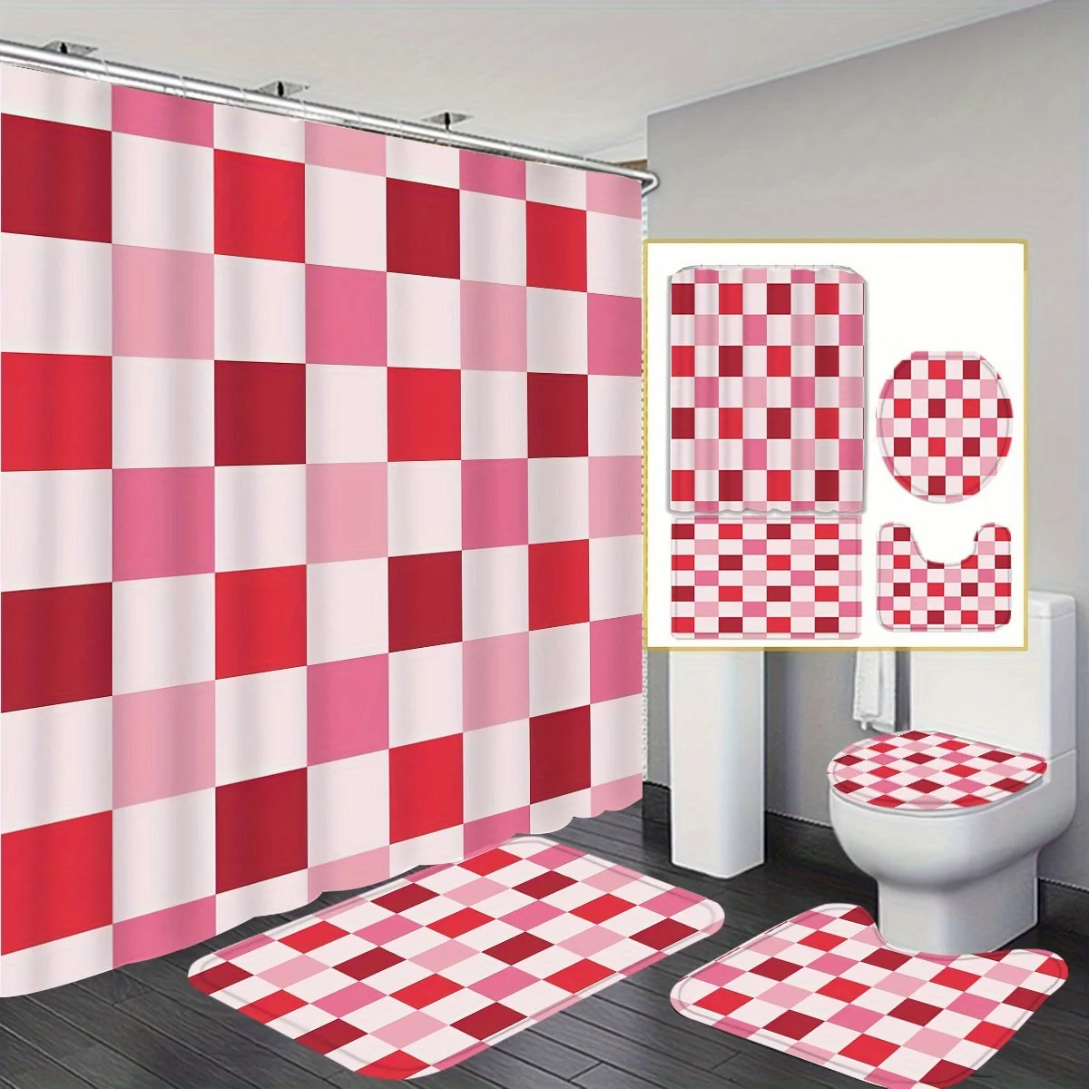 

Colorful plaid print Patterned Shower Curtain,, Polyester, Includes Non-Slip Bath Mat, U-Shaped Toilet Seat and 12 Hooks
