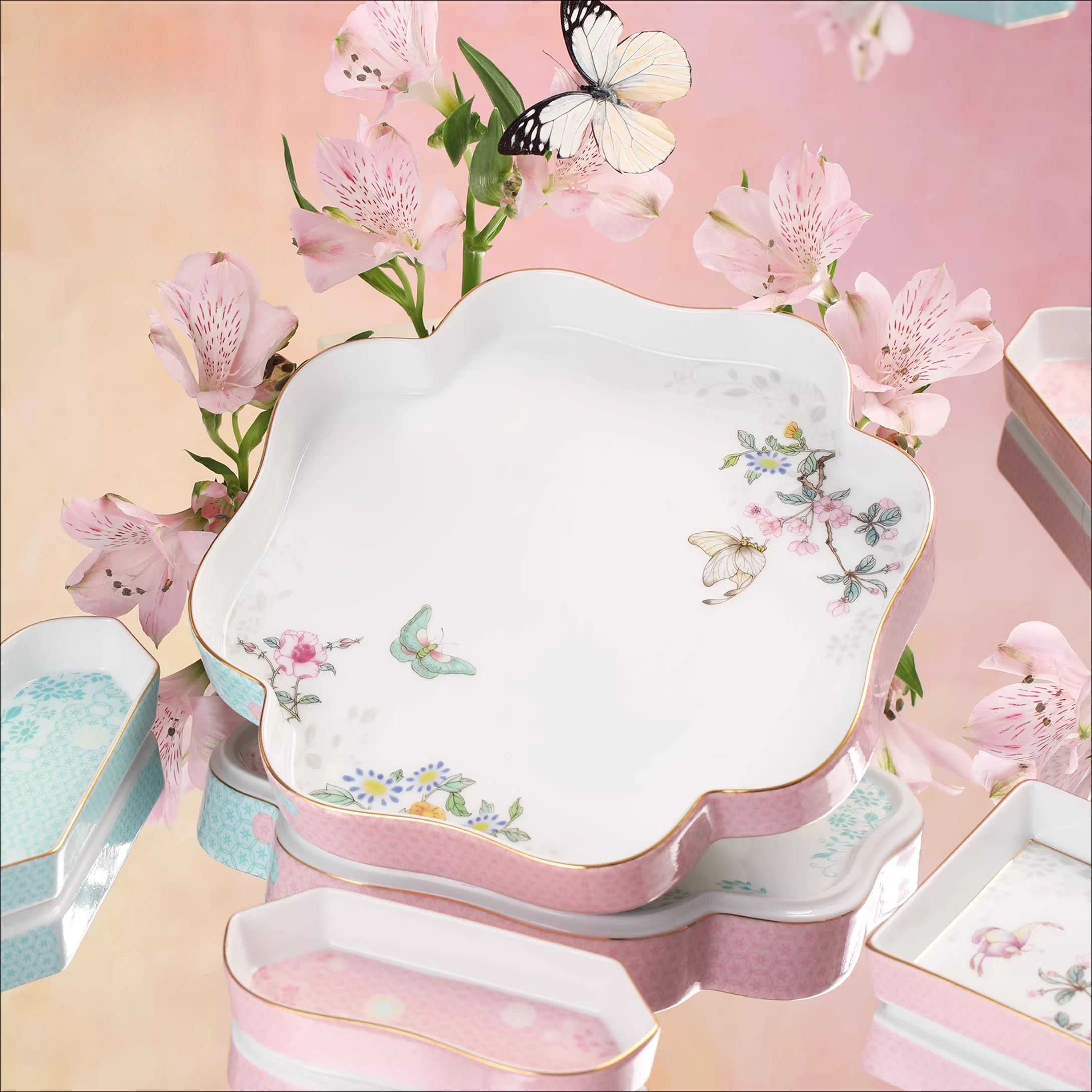 Chinese-style household ceramic storage plate, high-value fruit snack grid plate, housewarming gift