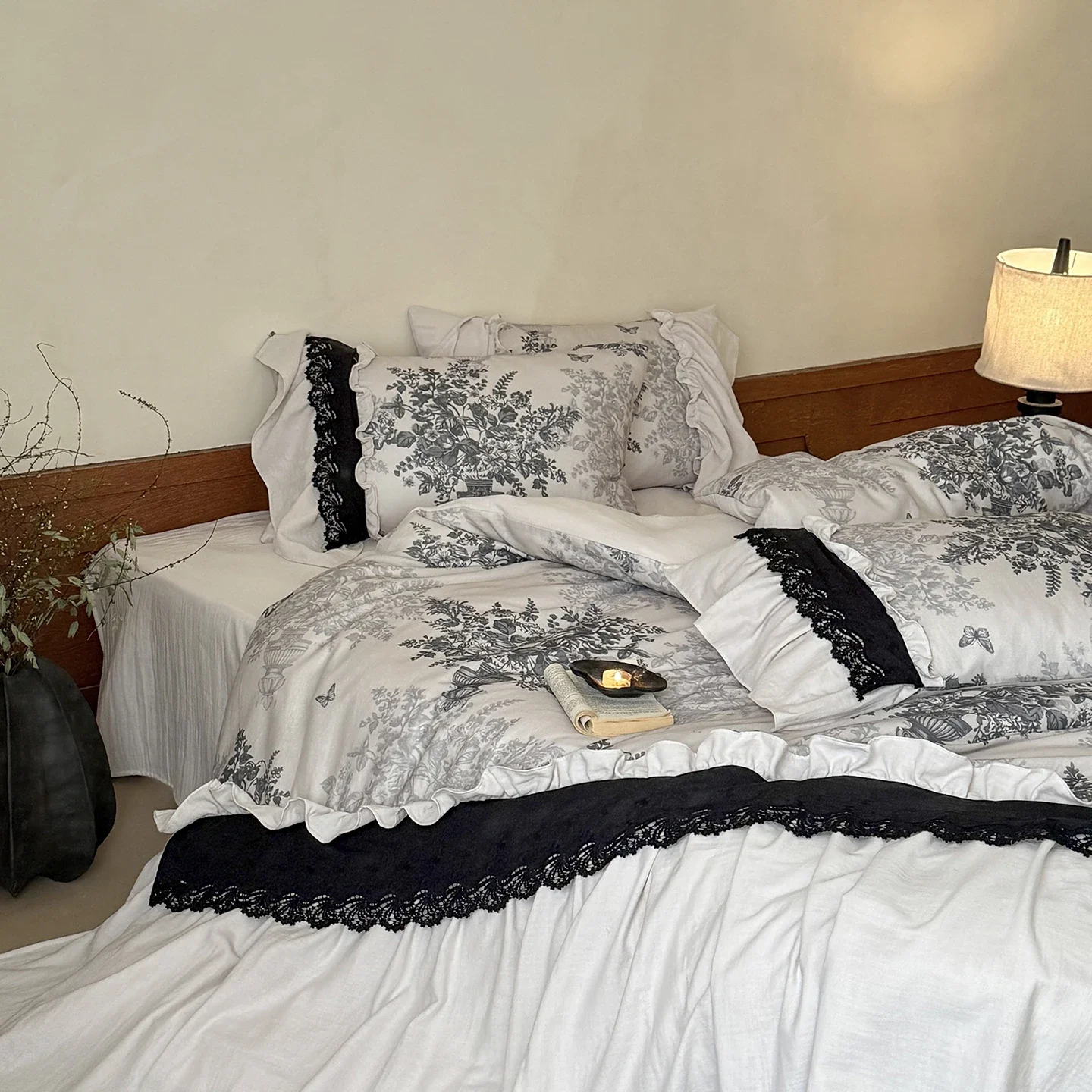 Vintage Floral Print Lace Ruffles 100% Cotton Double-layer Yarn Bedding Set Duvet Cover Flat/Fitted Bed Sheet Pillowcases 4Pcs