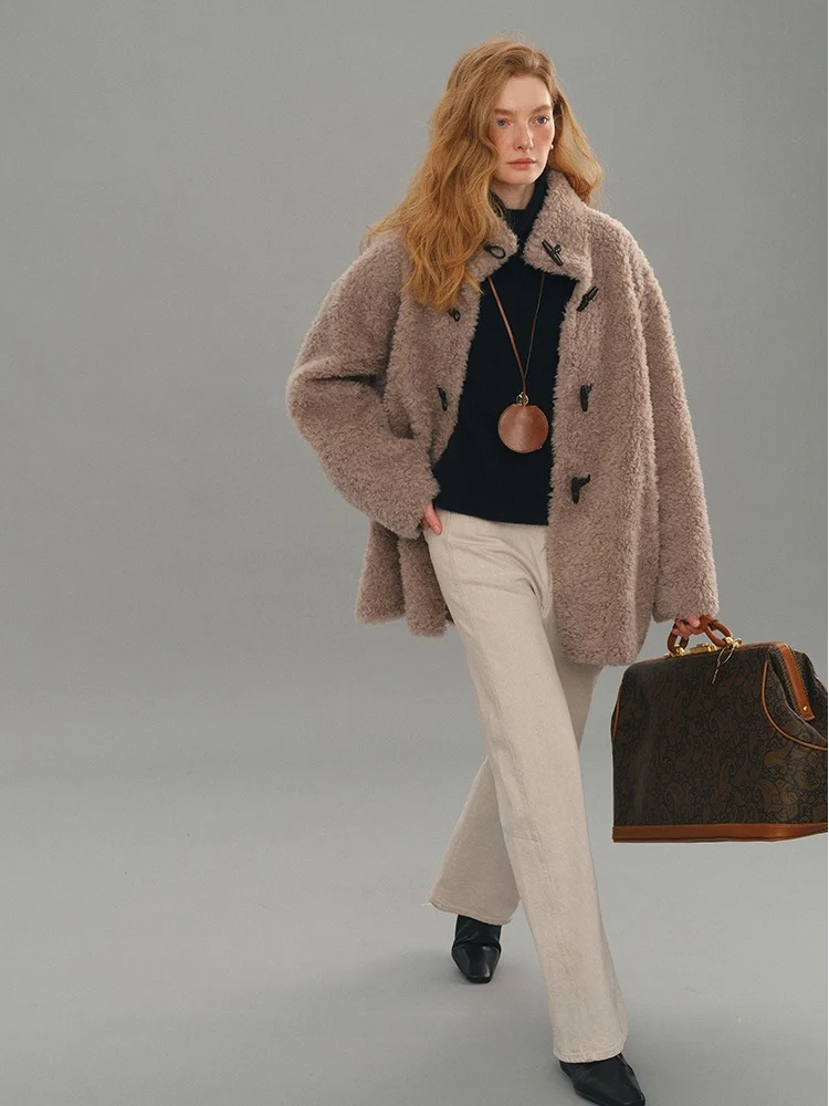 Who Peach Hand Long Stand Collar eepskin Coat Women Loose Slimming Versatile Winter Warm Top Commute Sle Thi Wool