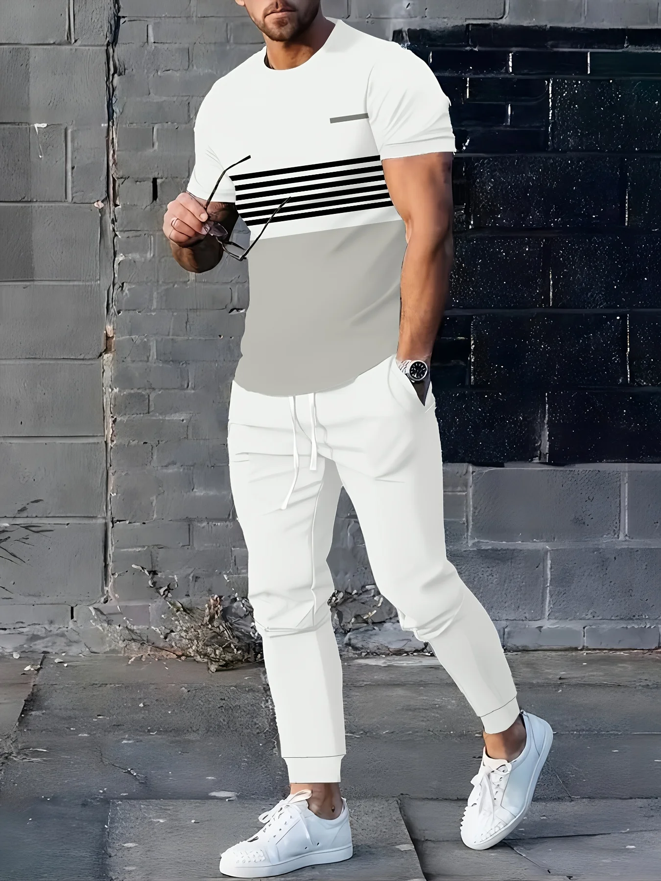 

2026 Summer New Men's Short-Sleeved Long Pants Set with 3D Stripes Print Street Casual Fashion Breathable