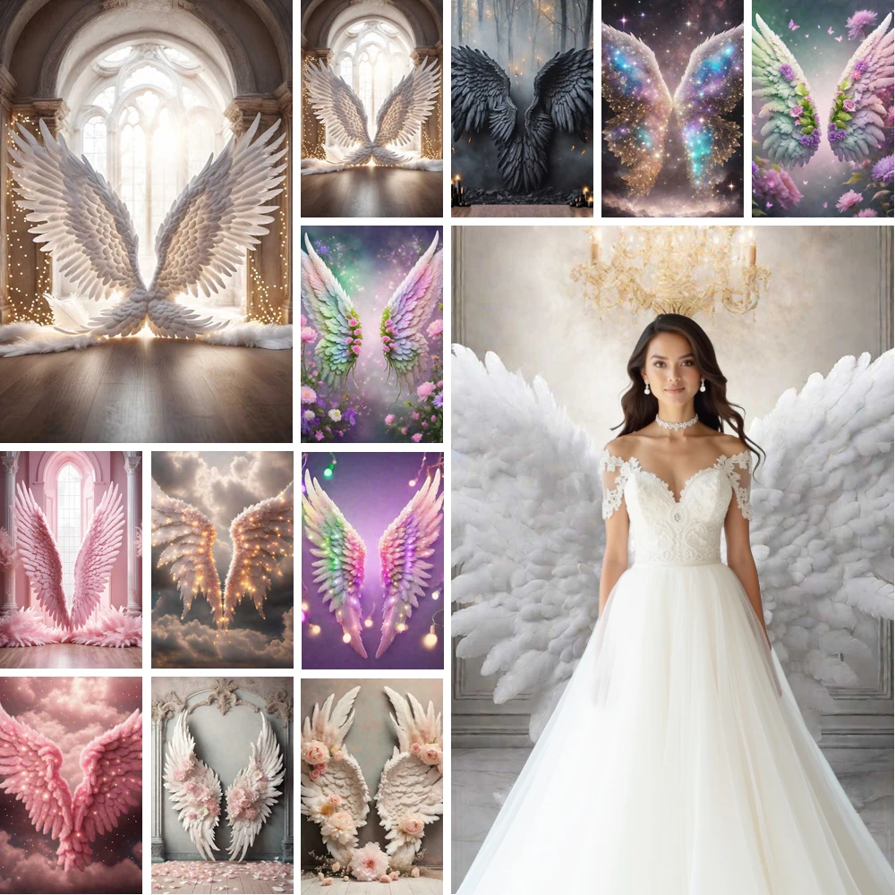 

MOON.QG Angel Wings Feathers Photography Background Women Girl Dresses Birthday Backdrop Portrait Decor Photozone Photo Studio