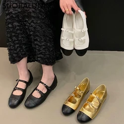 SUOJIALUN New Brand Women Flat Shoes Fashion Mix Color Ladies Elegant Gold Ballet Shoes Round Toe Shallow Dress Mary Jane Shoes