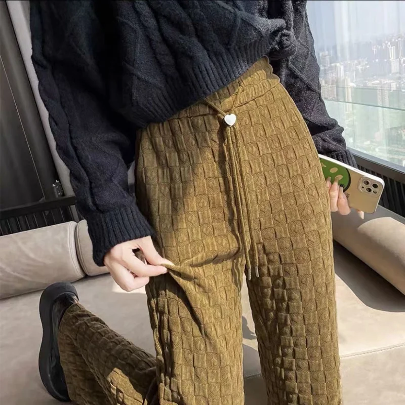 

Chenille wide leg pants Women autumn and winter 2023 high-waisted draped straight leg pants Coffee casual checkerboard pants