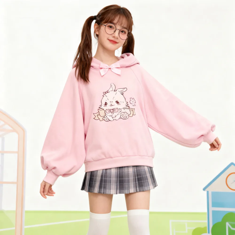 2026 Spring Women Lace Neck Cute Hoodies Harajuku Kawaii Sweatshirt Lolita Girl Pink Pullover Lamb And Candy Embroidery Sudadera