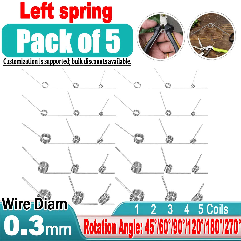 5PCS Torsion Spring 0.3mm Wire Diameter 304 Stainless Steel Rotate Left Torsion Spring 45 60 90 120 180 270 Degrees