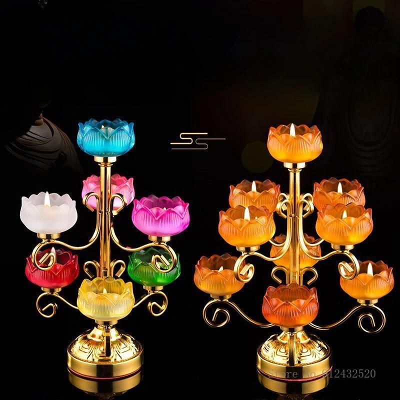 

Color Glazed Lotus Flower Offering Buddha Candle Stand, Glass Alloy Buddha Front Utensils Supplies, Home Living Room Decor , 1Pc