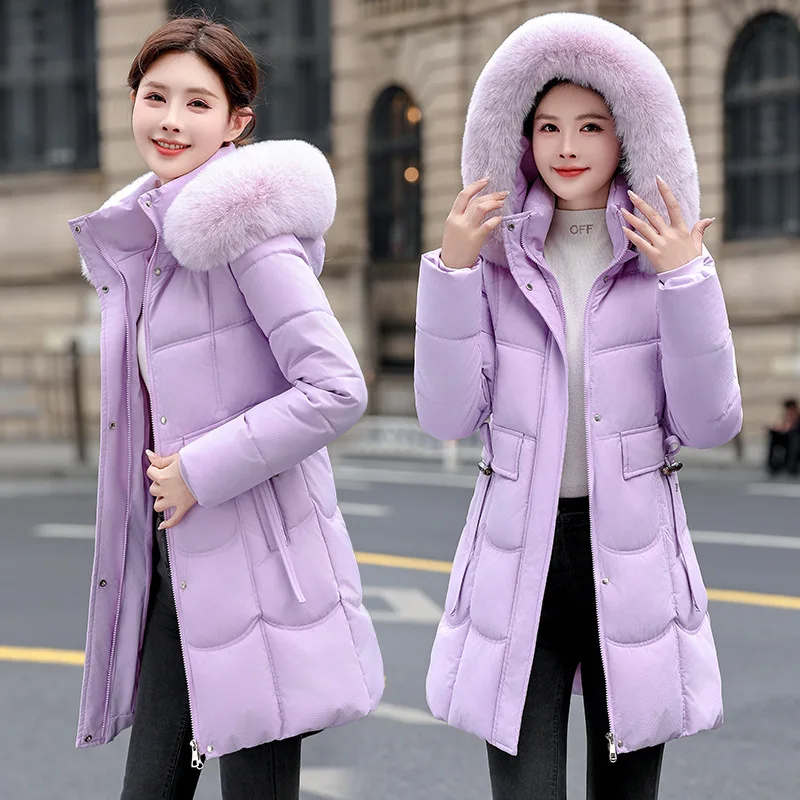 Hooded Women Parkas Coats Long Overcoat Solid Big Fur Lenth Collar Drawstring Waist Zipper Loose Thick Casual Autumn Winter 2025