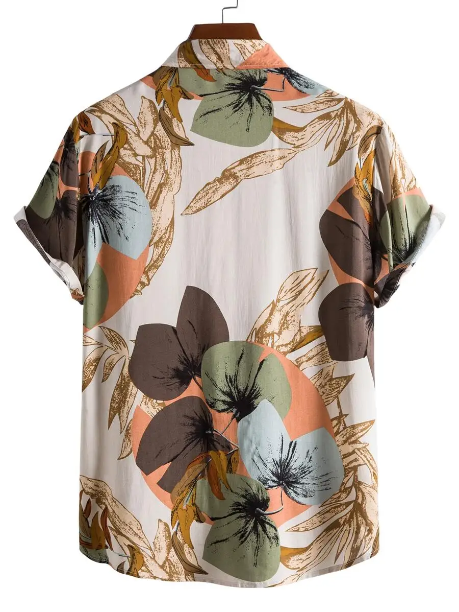 Genlund Men Random Tropical Print Shirt Slim Fit Short Sleeve Button Up Collar Graphic Colorful Shirt, Holiday