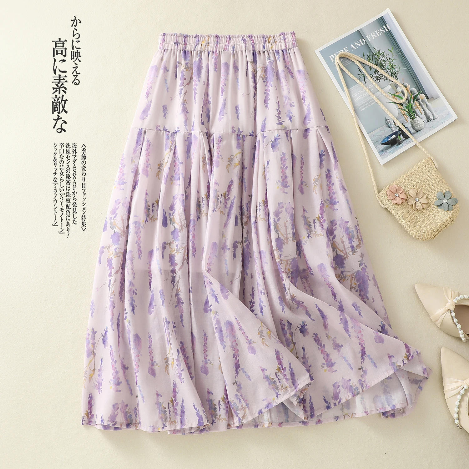Spring Summer Floral Print Tiered Purple Cotton Skirts Womens Elastic High Waist A-line Midi Long Skirt Holiday Beach Boho Skirt