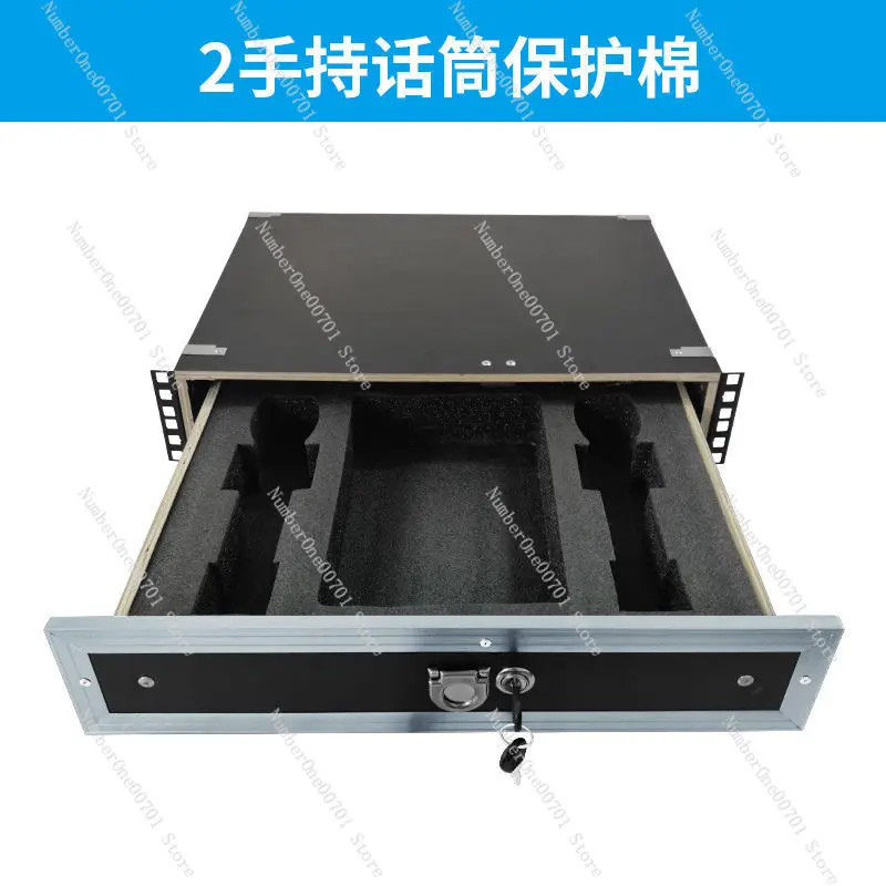 2U Locking Metal Drawer - Microphone Storage Box for Cabinet, Iron Rack Mount Organizer with Wood Finish