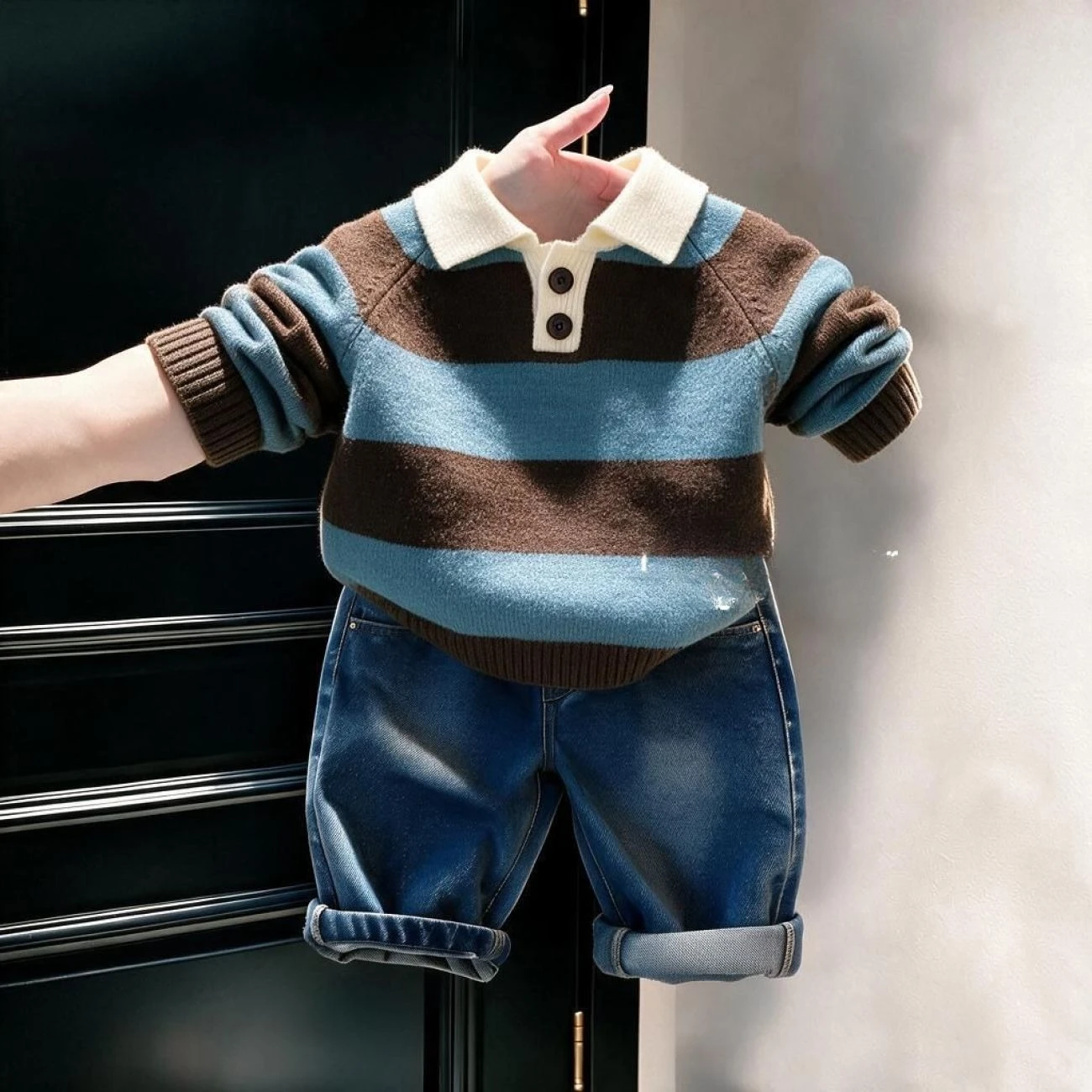 Sweater Korean Retro Blue Brown Striped Polo Neck Sweater Soft and Skin Friendly Color Blocked Lapel Knit Base Shirt