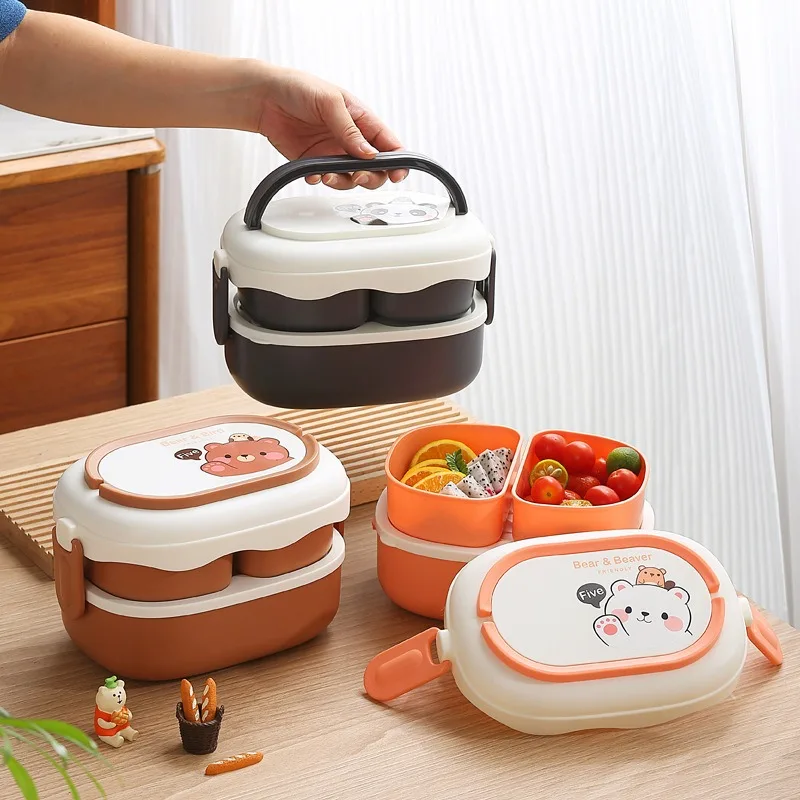 

Cute Lunch Box for Kids, Double Layer Tableware for School, Fruit Bento Box, Bear Food Storage Container, 1600ml