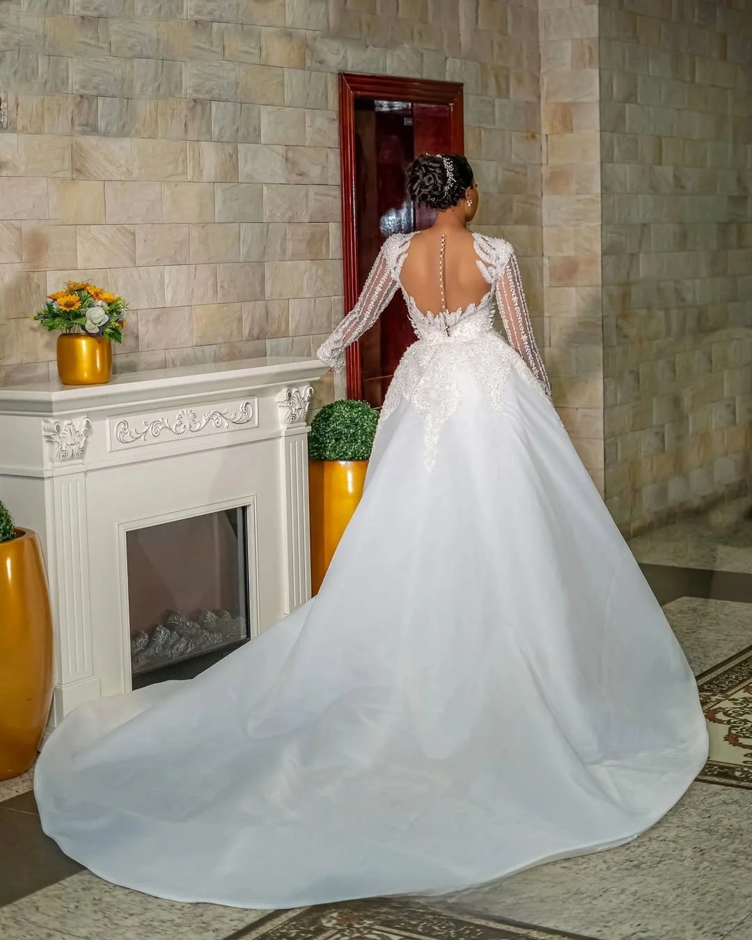 Customized Sheer Neck Shinny Appliques Beads  Wedding Dress with Removable Skirt Vestido De Casamento Long Sleeves  Bridal Gowns