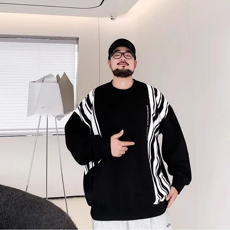 Men's Autumn New Casual Splicing Striped Loose Plus Fat Enlarged Round Neck Pullover Sweatshirt Long Sleeves