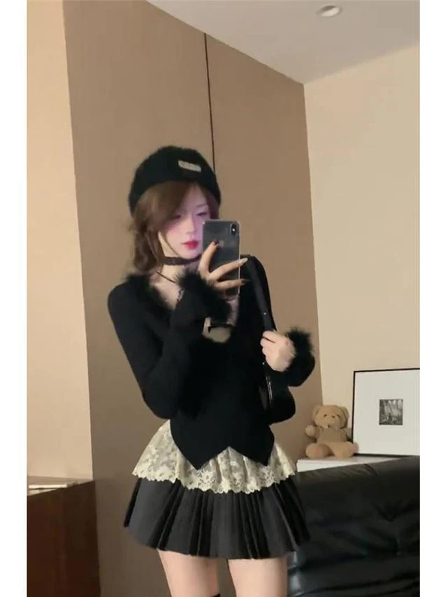 Y2k Women's 2 Pieces Sexy V-neck 2000s Lace Halter Top Slim T-shirts Bow Harajuku Sweet Black Korea Long sleeves Fashion Vintage