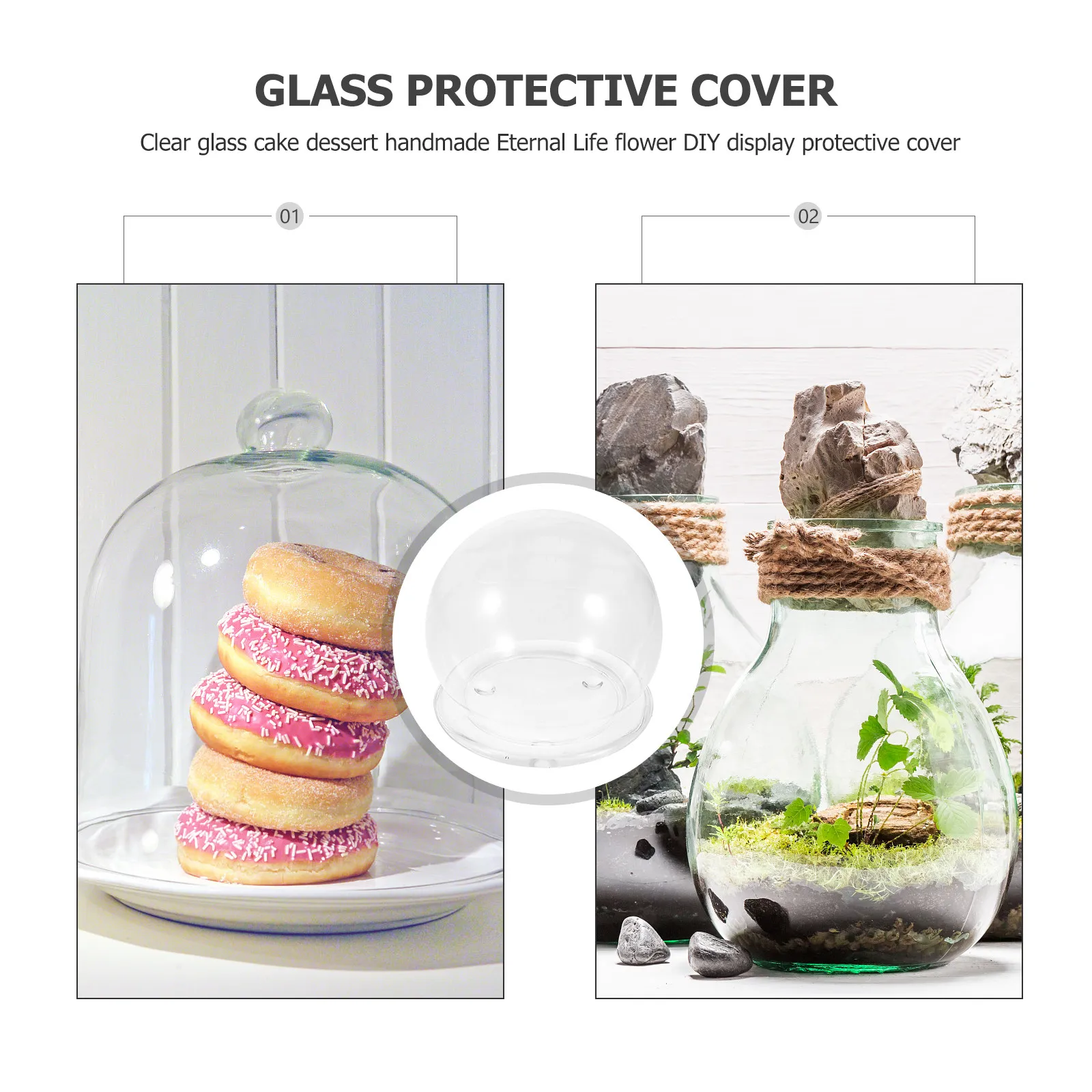 

1Set Glass Dome Cover with Base Preserved Flower Decoration Clear Display Cover for Indoor Outdoor Micro Landscape Cake Dome
