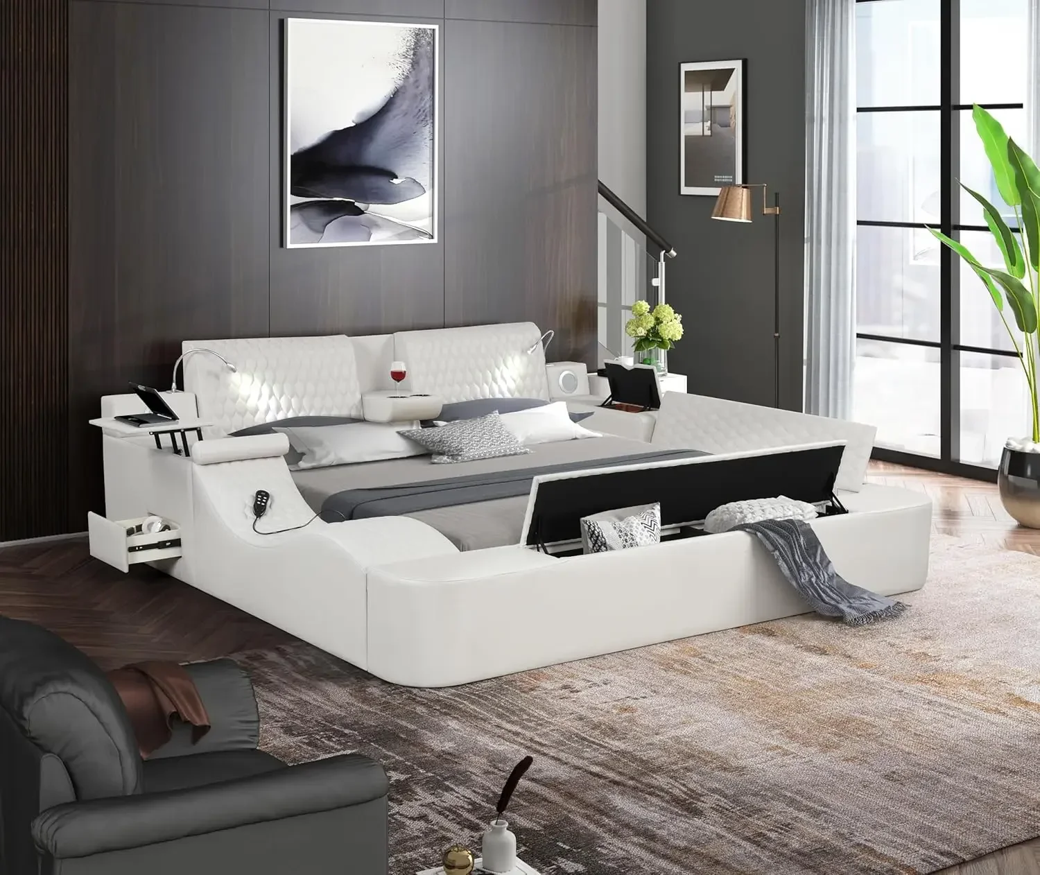 King Size Smart Bed,Multifunctional Leather Bed Frame Massage Recliner/Adjustable Headboard/Music Speaker/USB Port/Storage Space