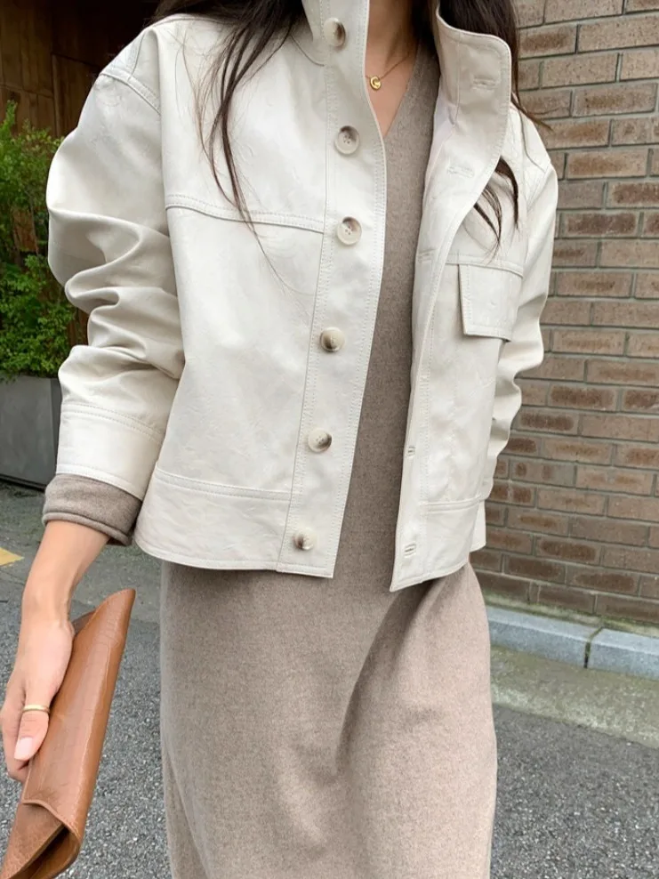 Retro coreano sle biker jaet feminino faion pesado bordado gola alta quali casaco de couro primavera nova chegada