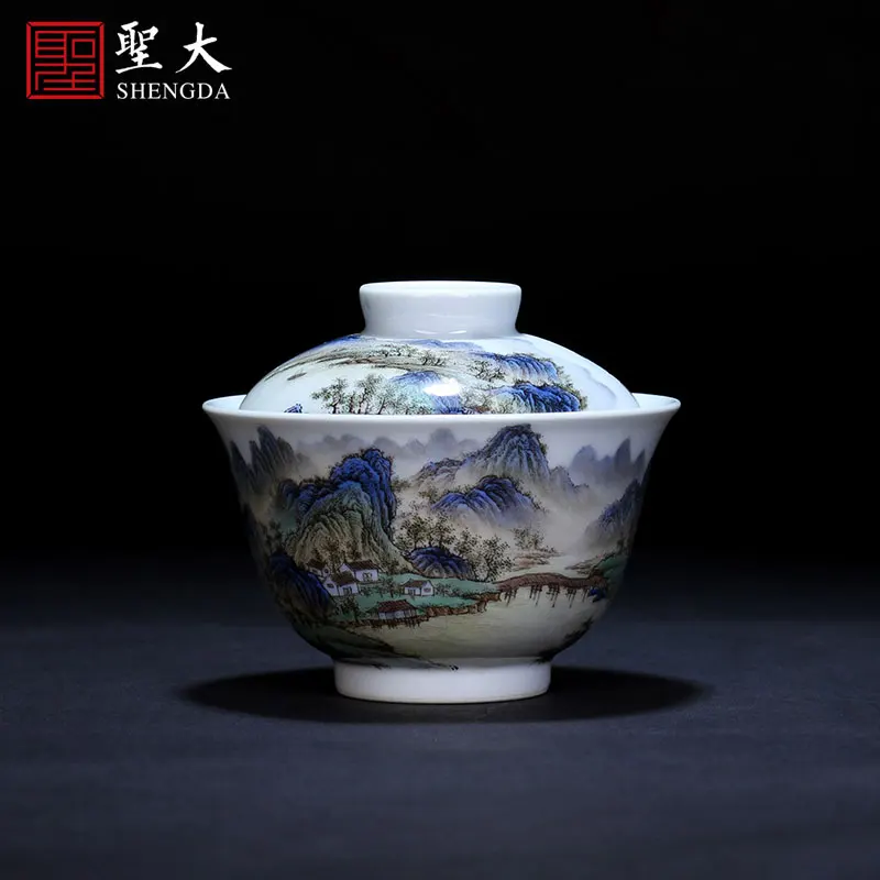 

|St large ceramic three tureen hand-painted heavy pastel li Jiang Shantu verse tureen jingdezhen tea by hand