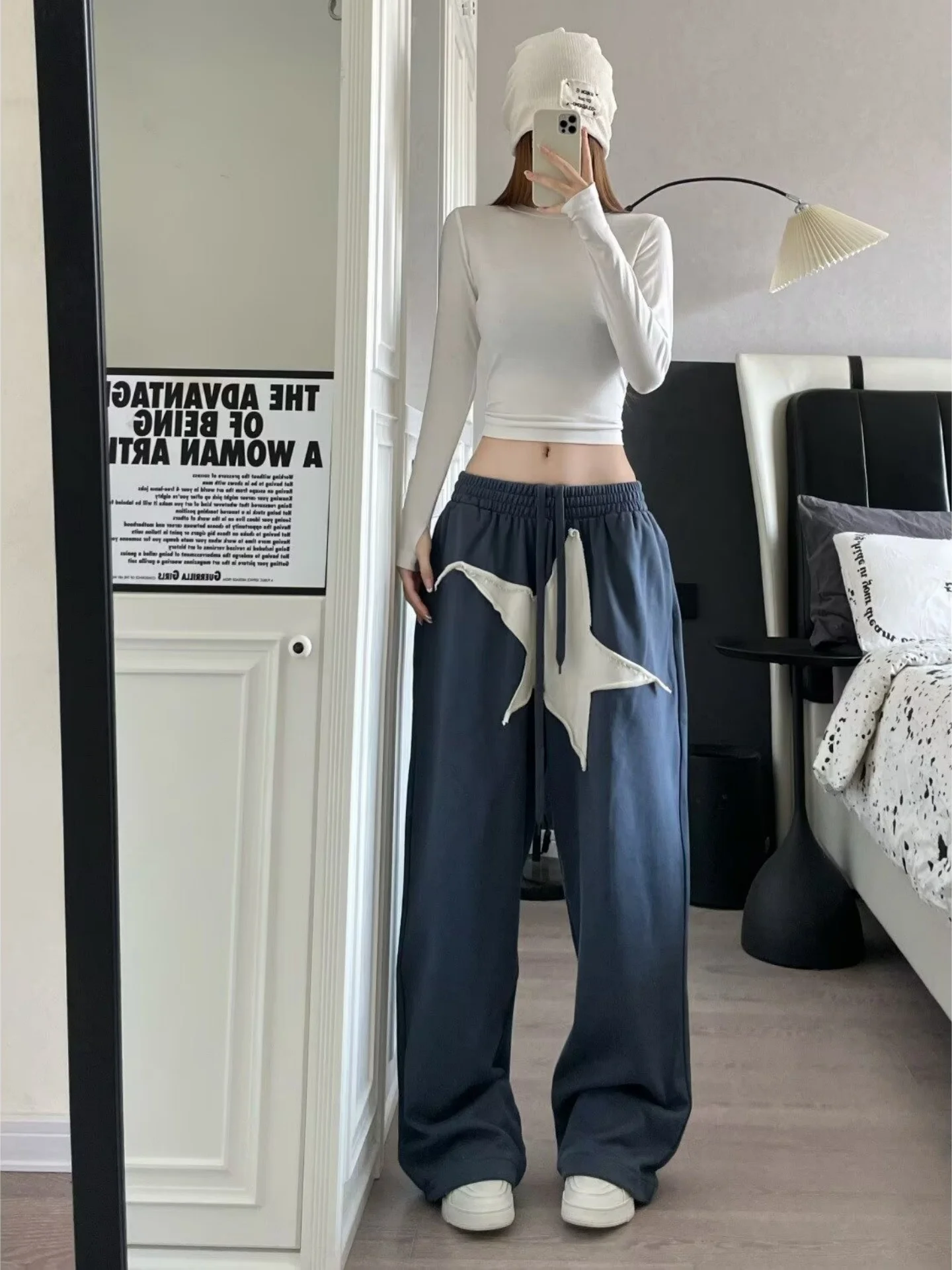 Stars Patch Wide Leg Sweatpants Men Women American Lazy Match Couples Pants Draping Casual Sports Long Trousers