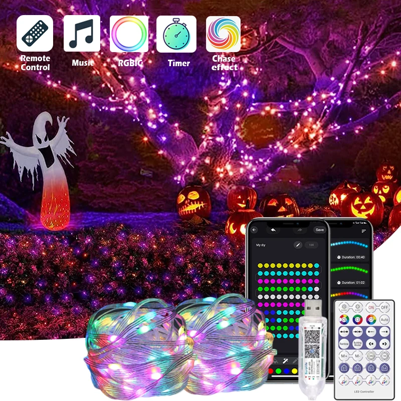 

Огни для Хэллоуина, 10 м, 100 дюйма, разноцветные огни для рождественской елки с дистанционным управлением, меняющие цвет мечты, огни для Хэллоуина, USB, 5 В, фонари