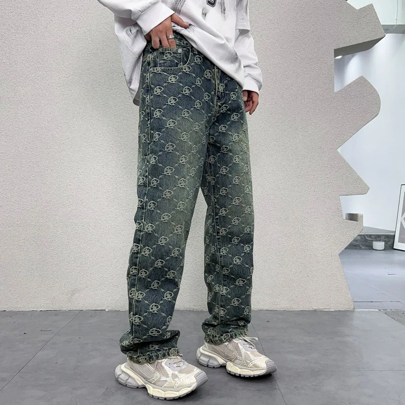 Blue Embroidered Printed Jeans Men's Autumn 2024New Fashion American Men's Retro High Street Loose-Fitting Wide-Leg Y2K Trousers