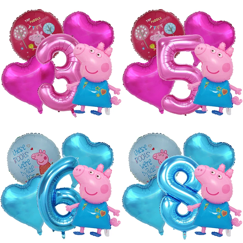Globos de Cumpleaños de Peppa Pig para Niños, Decoración de Fiesta, Globos con Forma de Número y Corazón, Set de Globos para Niños y Niñas, Artículos de Fiesta Infantiles