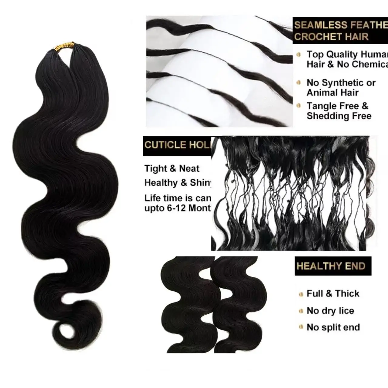 Body Wave Feather Crochet Human Hair Extensions Miracle Knots 5pack Knotless Pre-Separated Crochet Braid Hair Extensions Human Hair Bundles Natural Color 30 Inch 300g