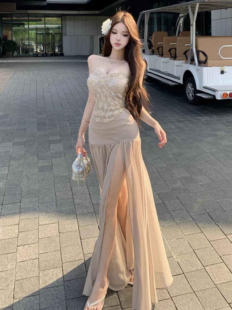 

Sweet Pure Desire Retro Patchwork Floral Tube Top High Waist Slimming Bodycon Split Half-length Skirt Set Women's Fashion