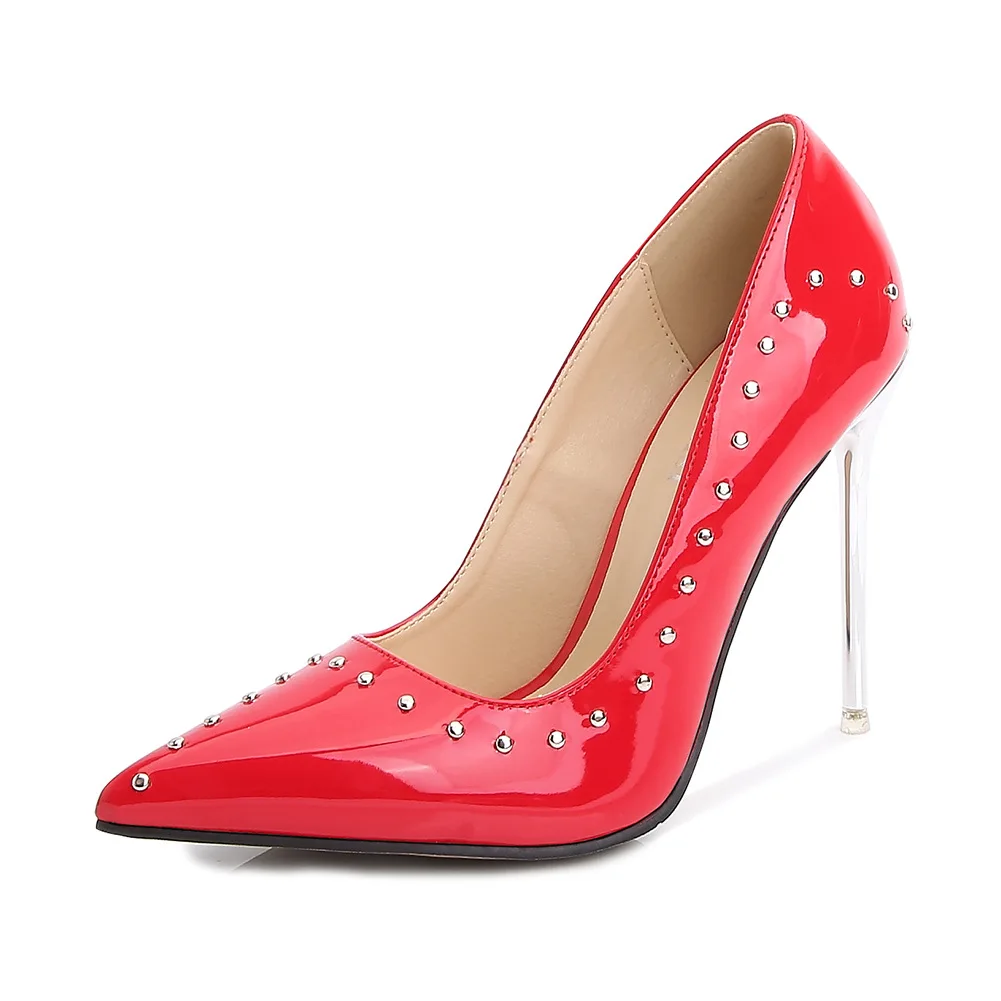 11CM Sexy Fetish High Heels Woman Pumps Rivet Silver Plated Heel Female Nude Pink Stiletto Office Woemn‘s Leather Shoes Size 46