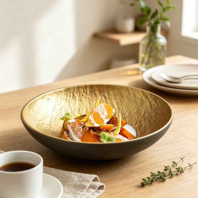 

Gold Trim Luxury Salad Bowl for Fine Dining, Ceramic Molecular Cuisine Serving Bowl, Scratch-Proof Durable Restaurant Tableware