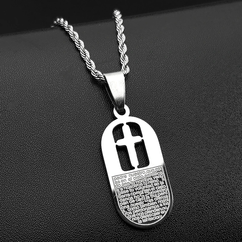 Christian Bible Lords Prayer Cross Pendant Necklace for Women Men Stainless Steel Spanish Necklaces Religious Amulet Jewelry