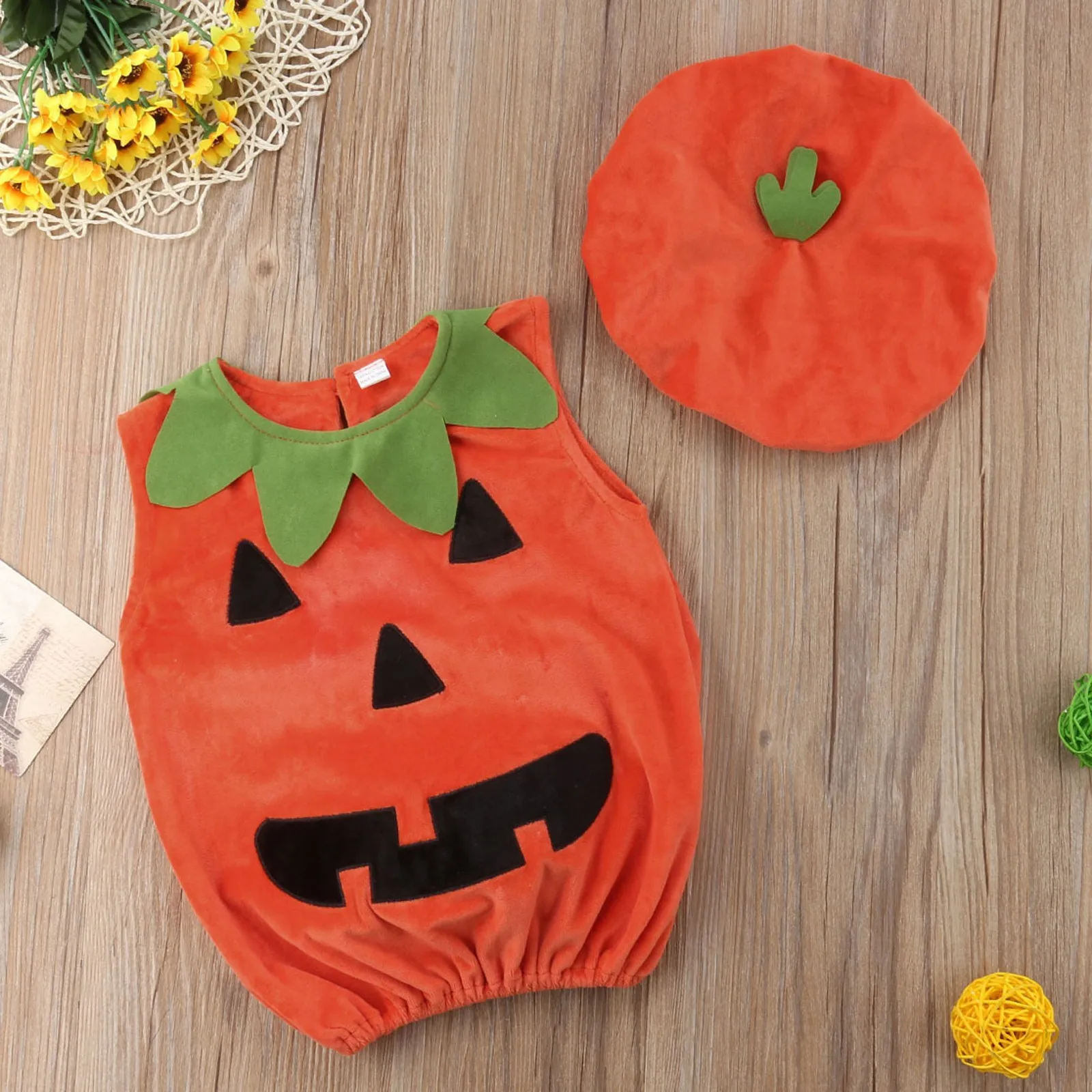 Newborn Baby Halloween Cosplay Costume Vests Pumpkin Print Top+solid Hat Outfits For Infant Boys And Girls