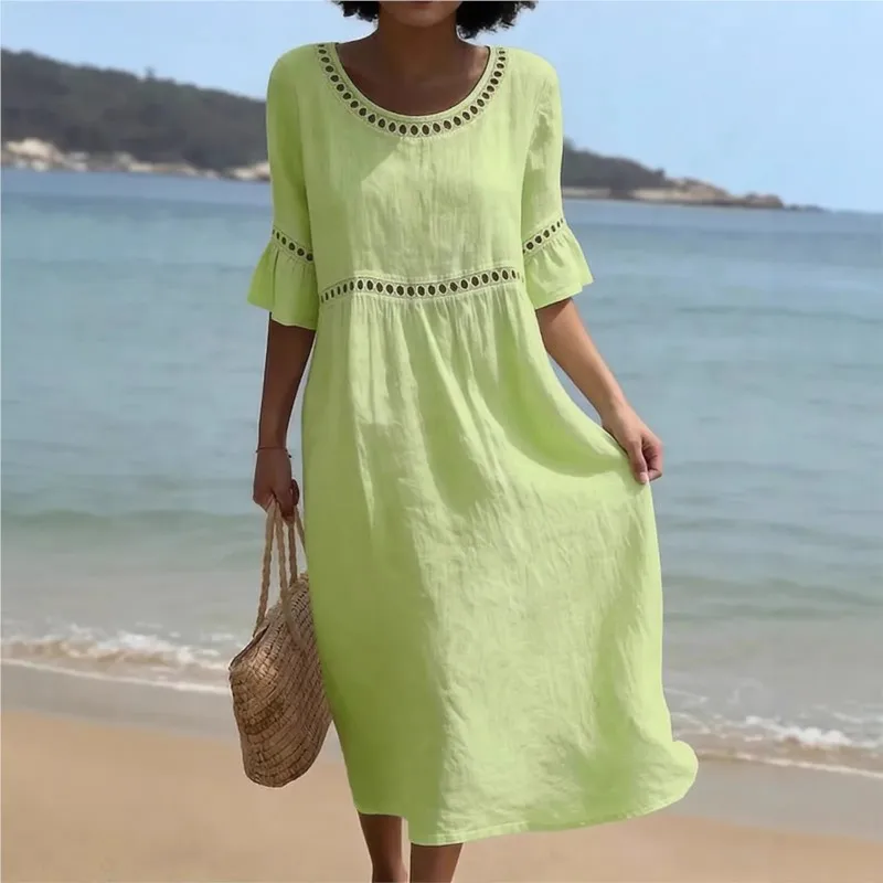 

Simple Daily Solid Dress Round Neck Hollow Out Short Sleeved Splicing Loose Casual Dresses For Women Summer 2026 New Vacation