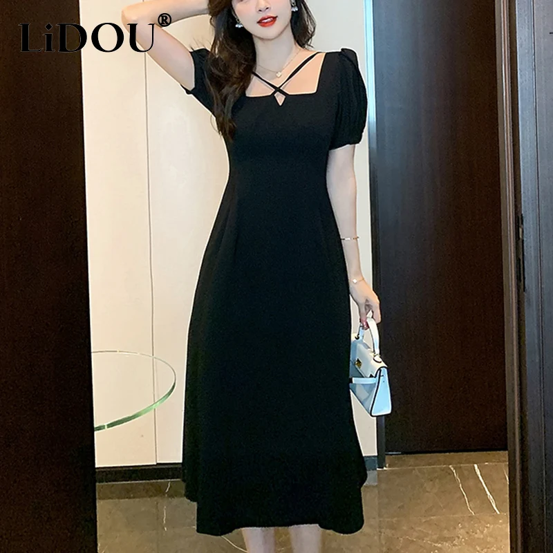 

Summer New Square Collar Halter Black Midi Dress Ladies Short Sleeve Elegant Fashion Waist Vestido Women Slim A-line Casual Robe