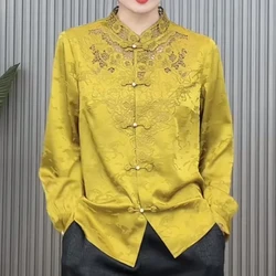 Thin High-end Shirts Women's Long Sleeves Spring 2023New Heavy Industry Embroidery Hollowed-Out Fashion Retro Buckle Collar Tops