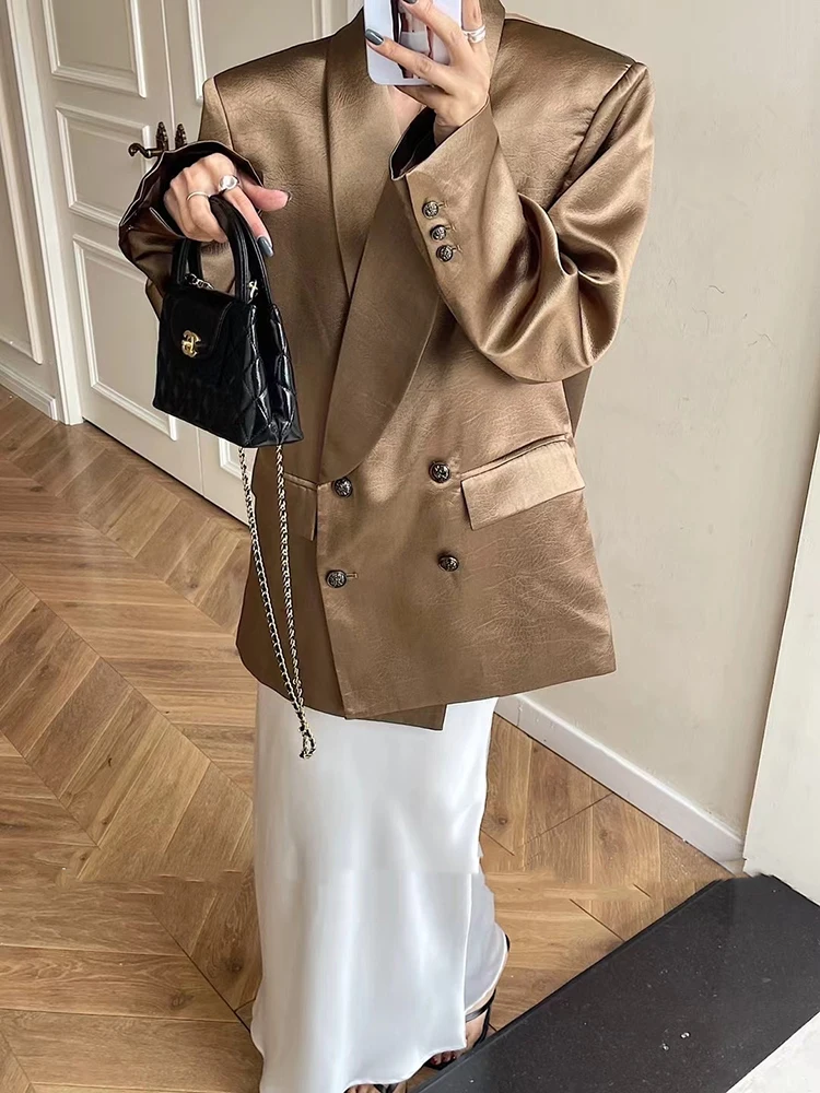 [oein]  Spring Korean Version Satin Silk Smooth Wide Version Suit Loose Shoulder Pad Gold Jacket 2024 Autumn Blazer Fashion