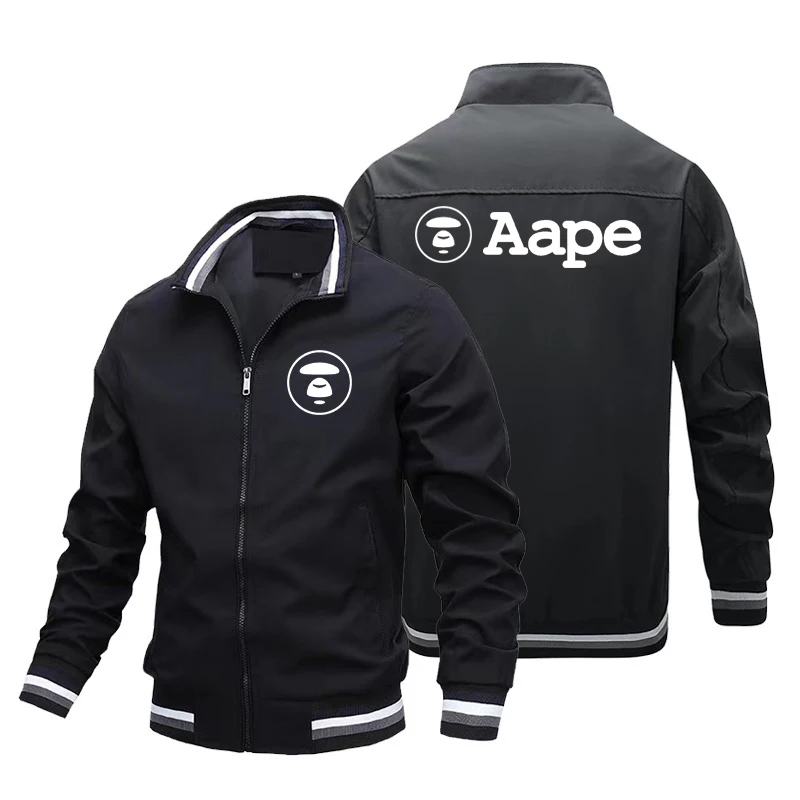 Men Aape Logo Print Stand Collar Zip Up Jacket Striped Cuff Casual Windbreaker Coat Outdoor Sports Lightweight Bomber Jacket