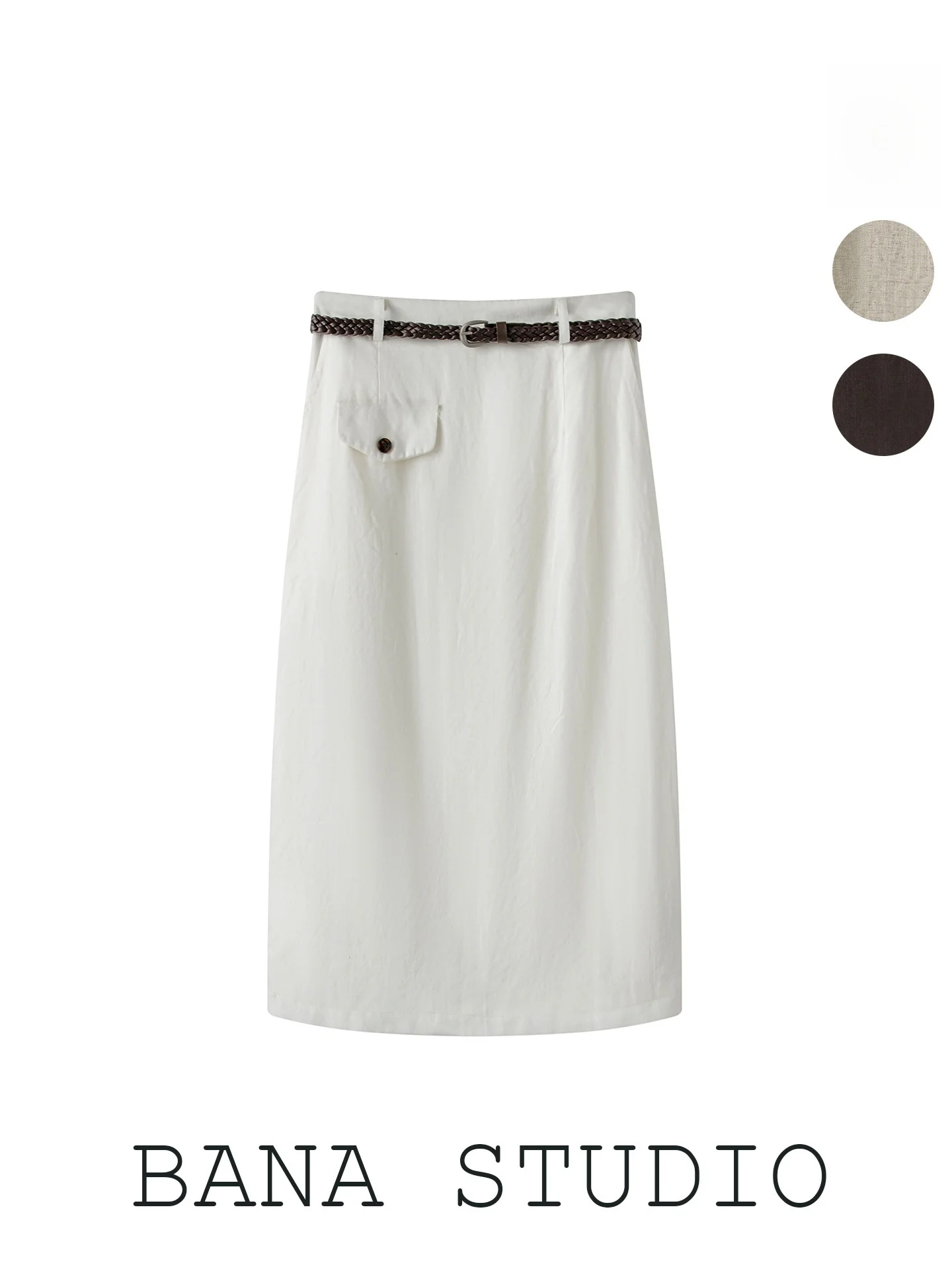 BANA High Waist A-Line Midi Skirt with Slit Casual Style Women's Half Skirt Linen Material Belted Straight Cut Summer New